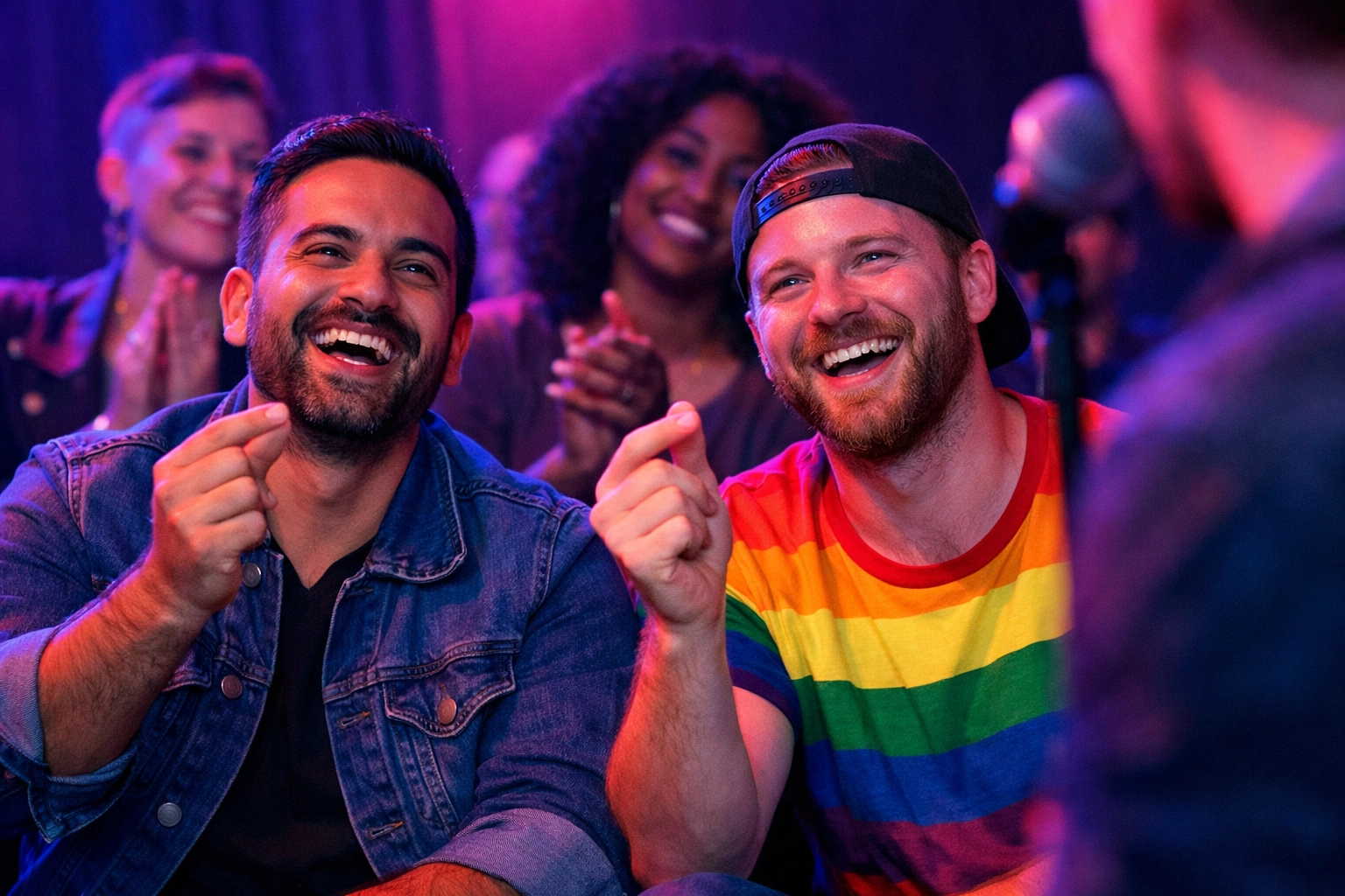An inclusive audience of gay men snapping fingers in support during a queer poetry slam community event.