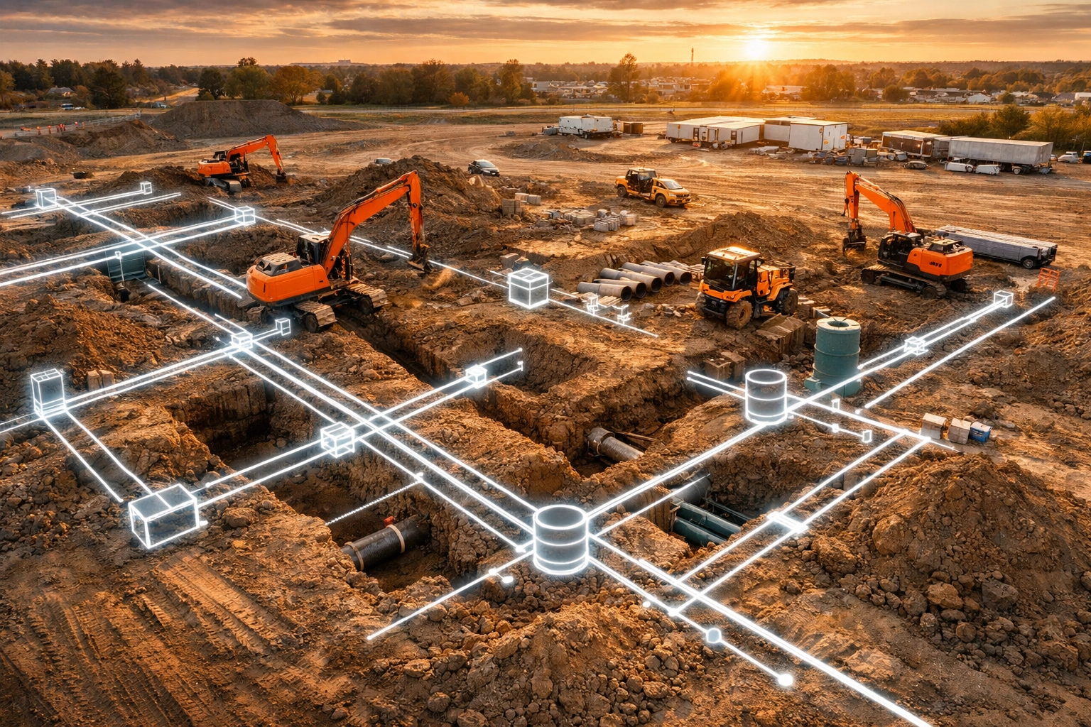 Drone photo of a construction site showing the integration of site servicing and stormwater management plans.