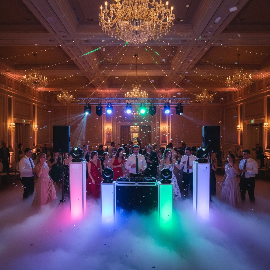Elegant ballroom with chandeliers, colorful DJ lights, and people dancing in formal attire on a misty floor, creating a festive atmosphere.