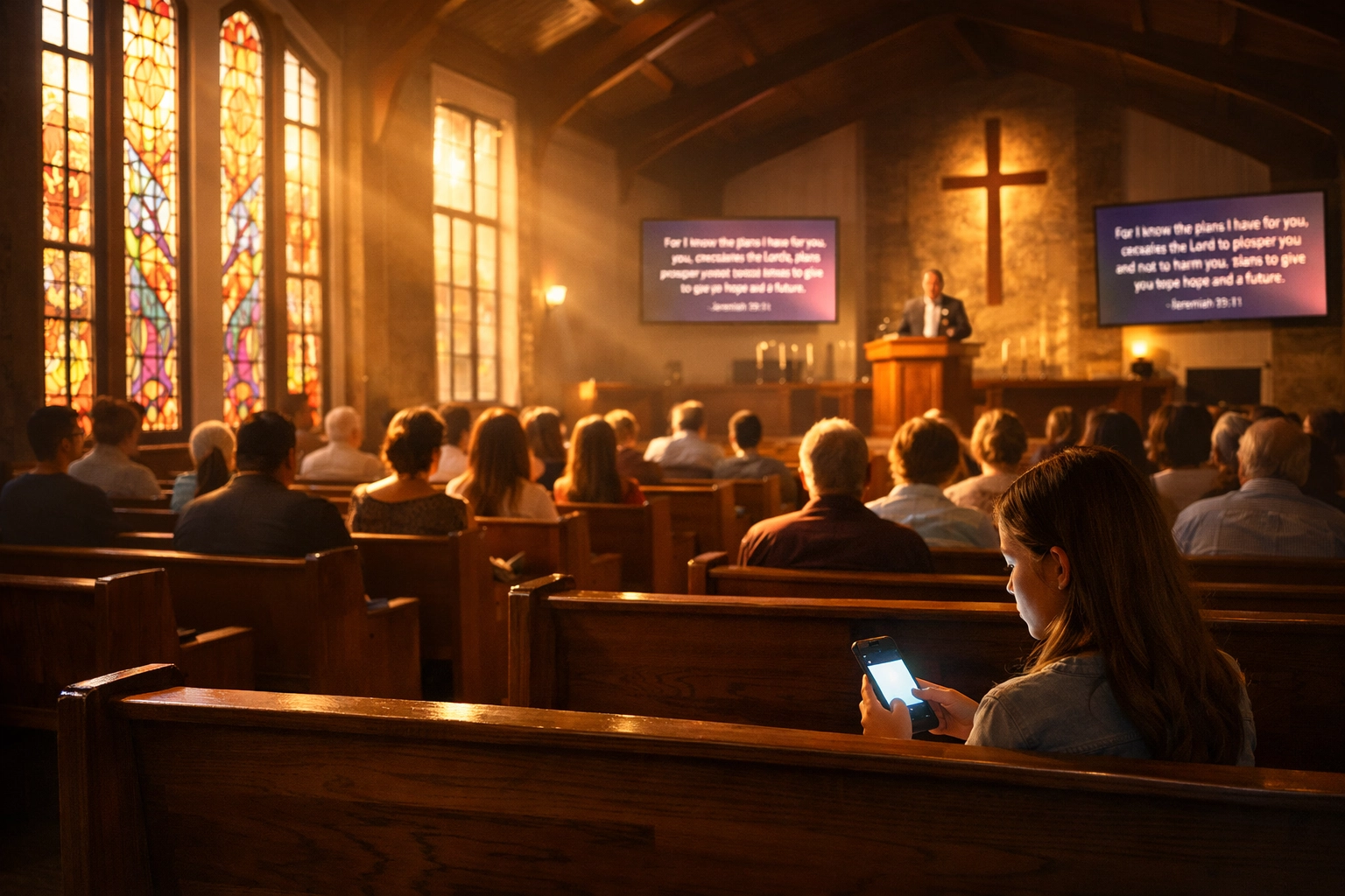 Woman watching online sermon on smartphone in church sanctuary blending traditional and digital ministry