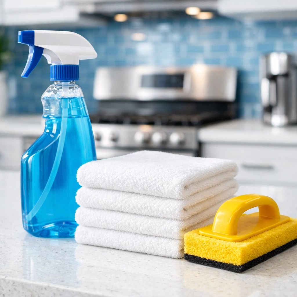 Close-up of professional cleaning supplies for move-out cleaning Worcester MA on a quartz counter.