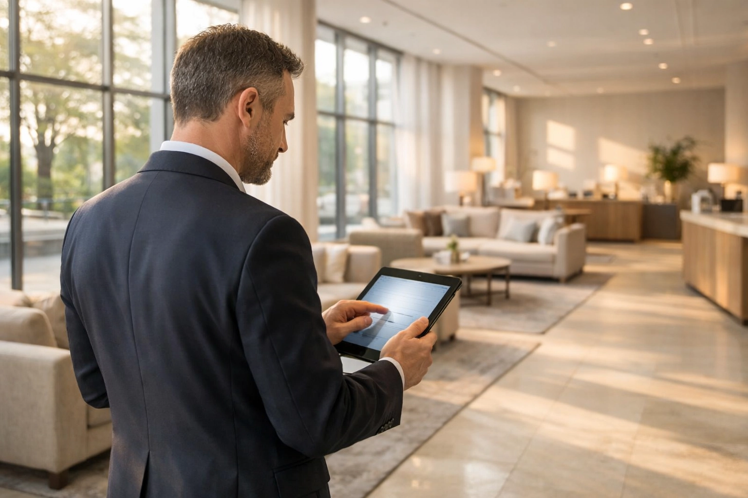 Hotel manager using tablet with cloud-native PMS software in modern lobby environment