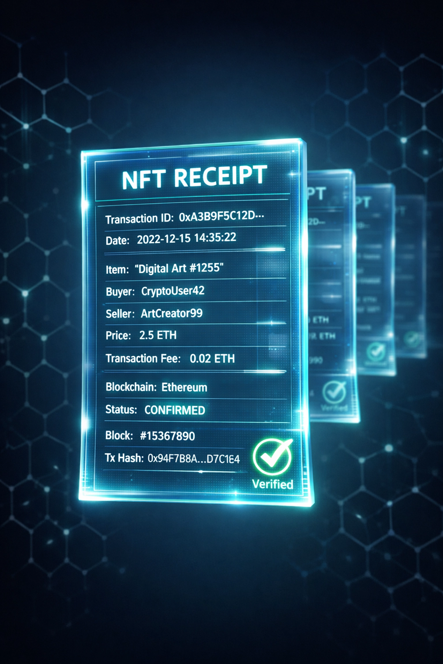 NFT receipt with blockchain verification data for transparent crypto transaction accounting