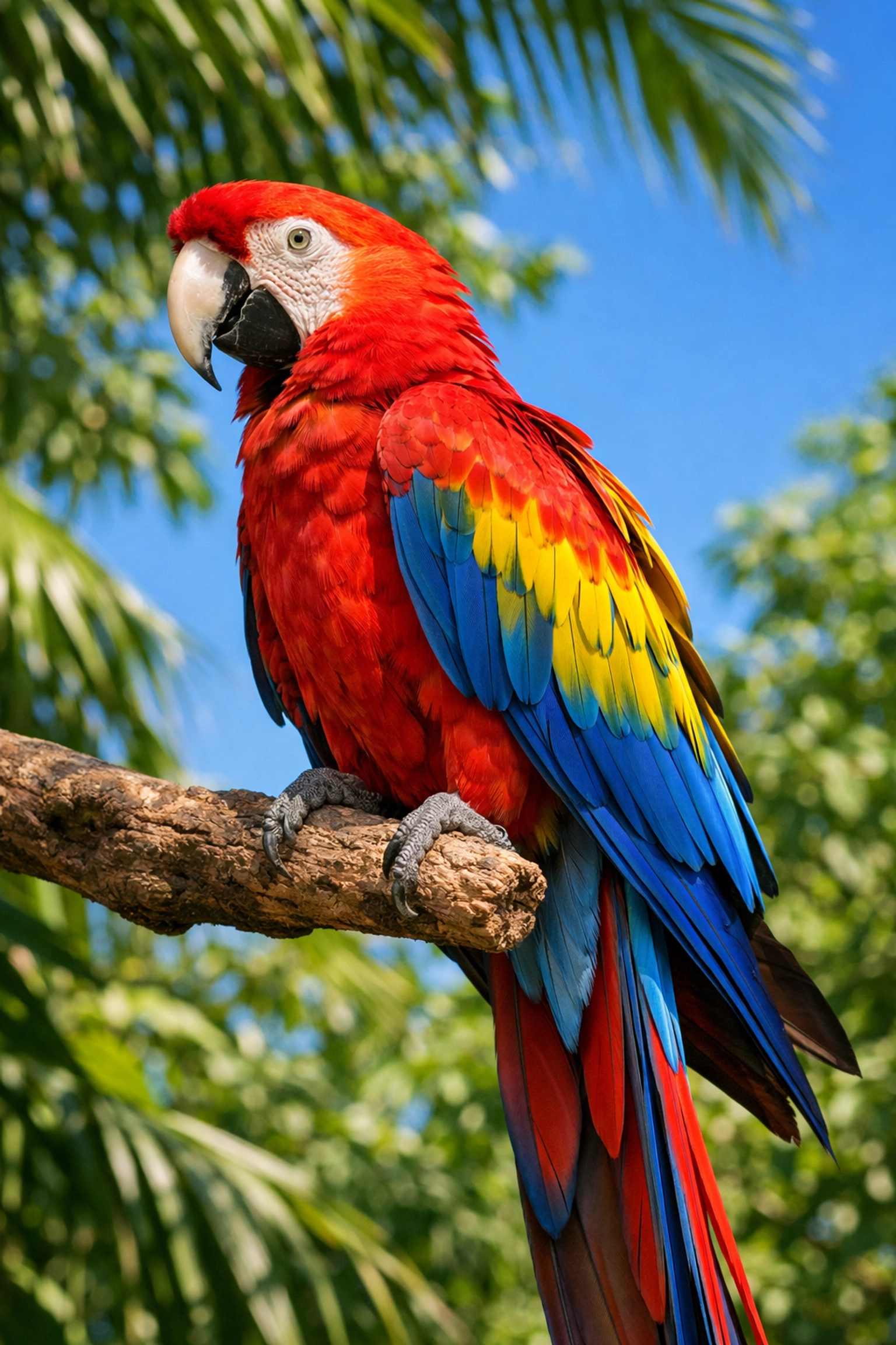 Scarlet macaw perched on branch in tropical canopy showing quality bird photography for marketing