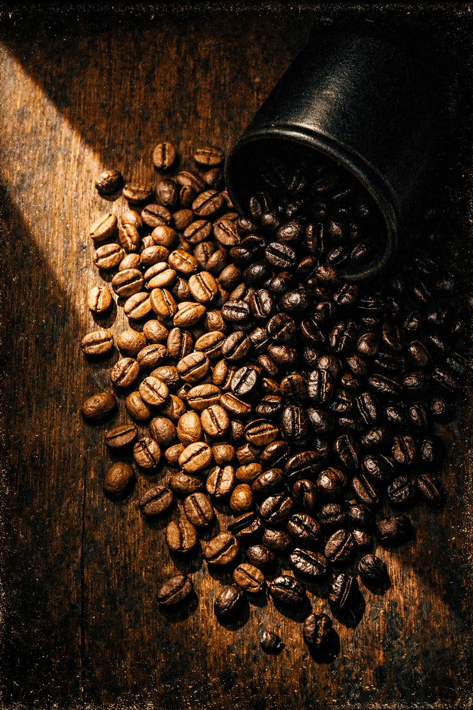 Coffee beans spilling from opaque container showing light damage vs protected beans in shadow