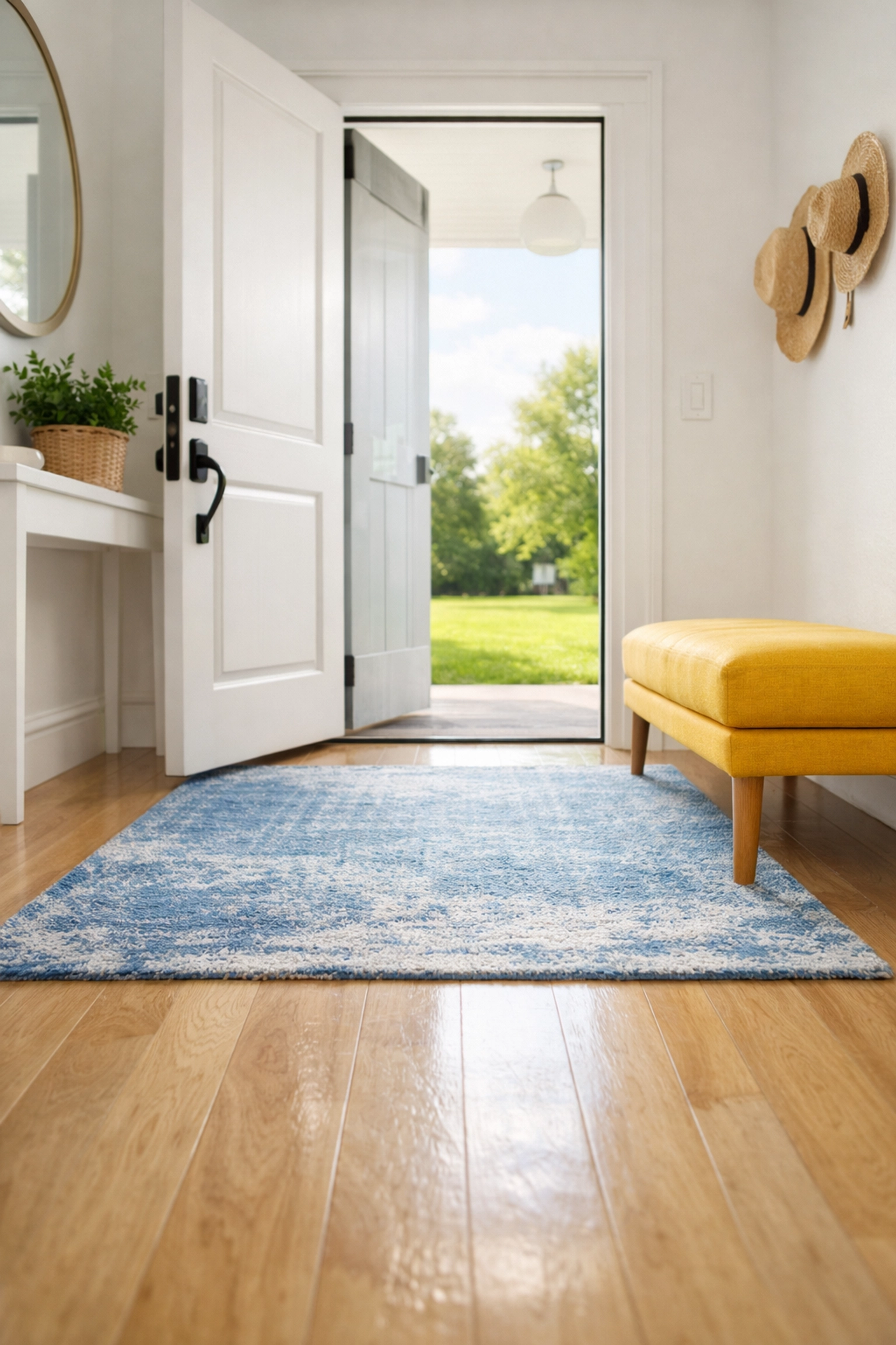 Bright entryway with clean wood floors and a blue rug, perfect for organized summer house cleaning.