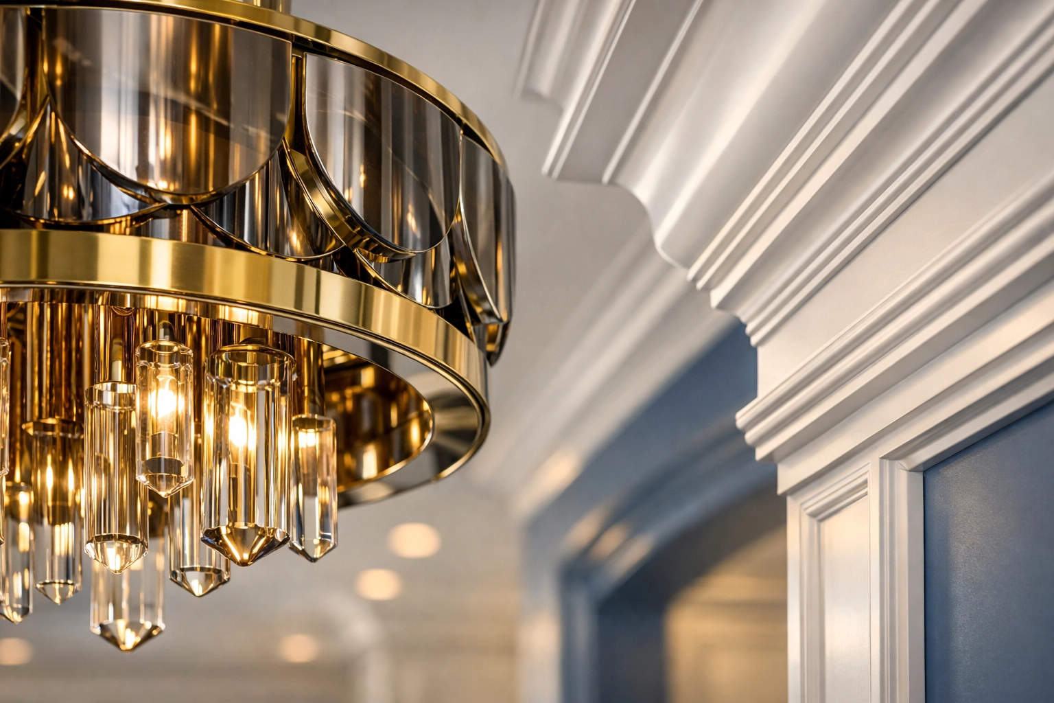 Polished light fixture and crown molding after professional post construction cleaning in Hudson.