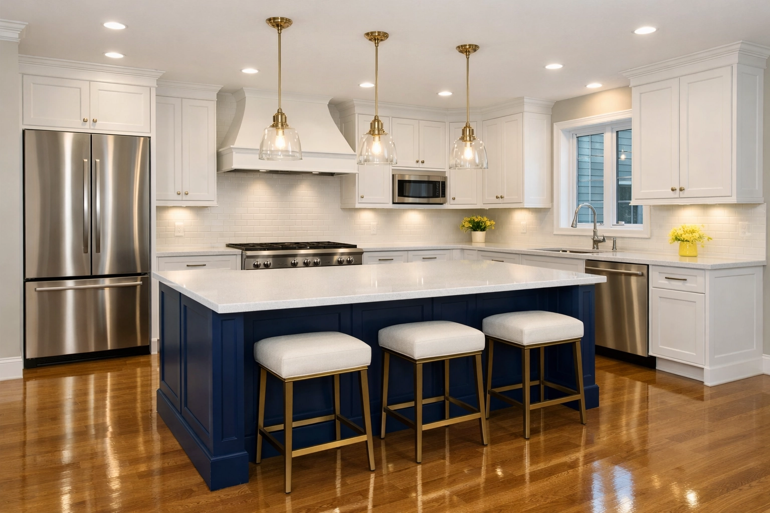 A professional move-in house cleaning result in a luxury Shrewsbury kitchen with polished surfaces.
