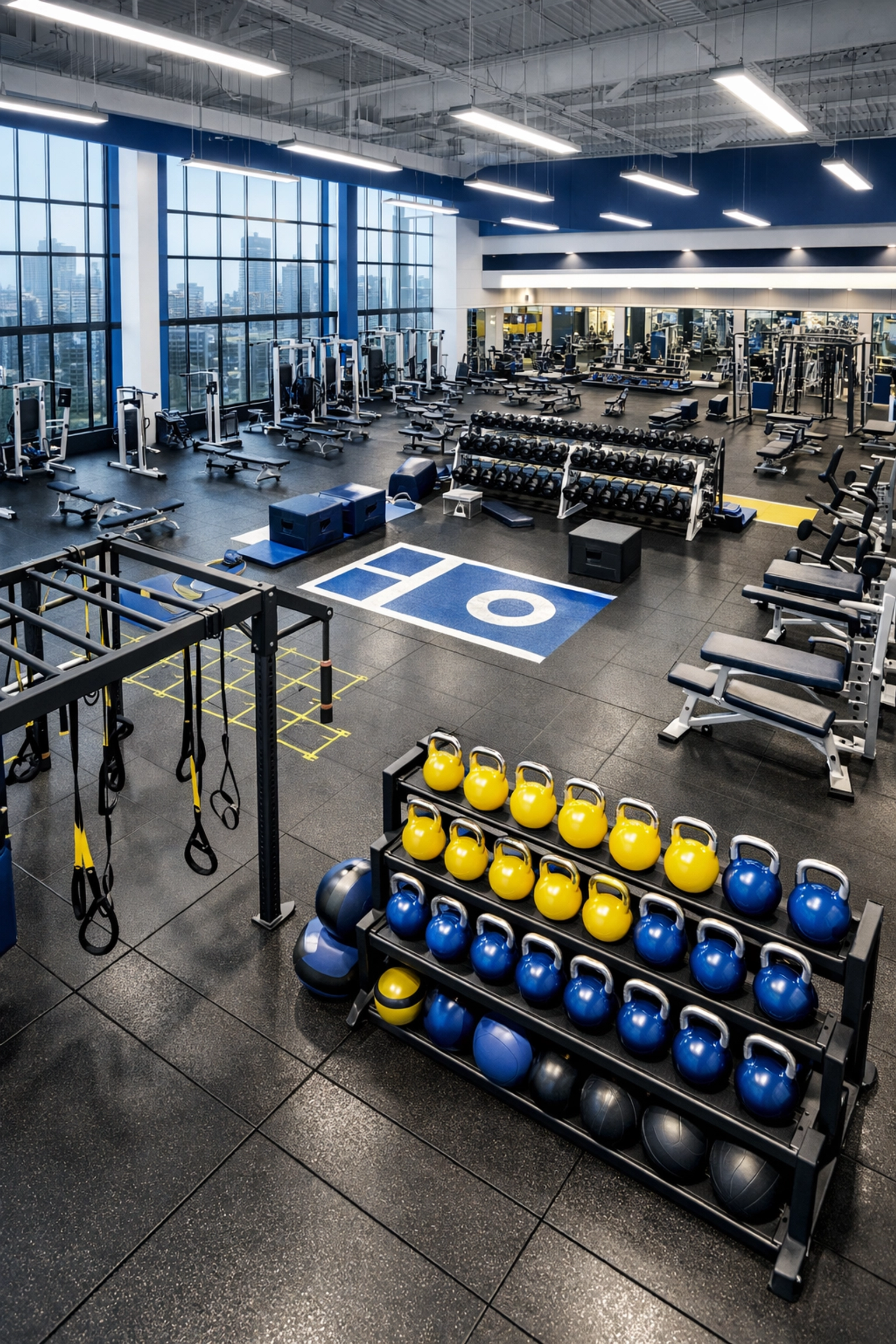 Professionally cleaned commercial gym interior with organized kettlebells and pristine equipment.