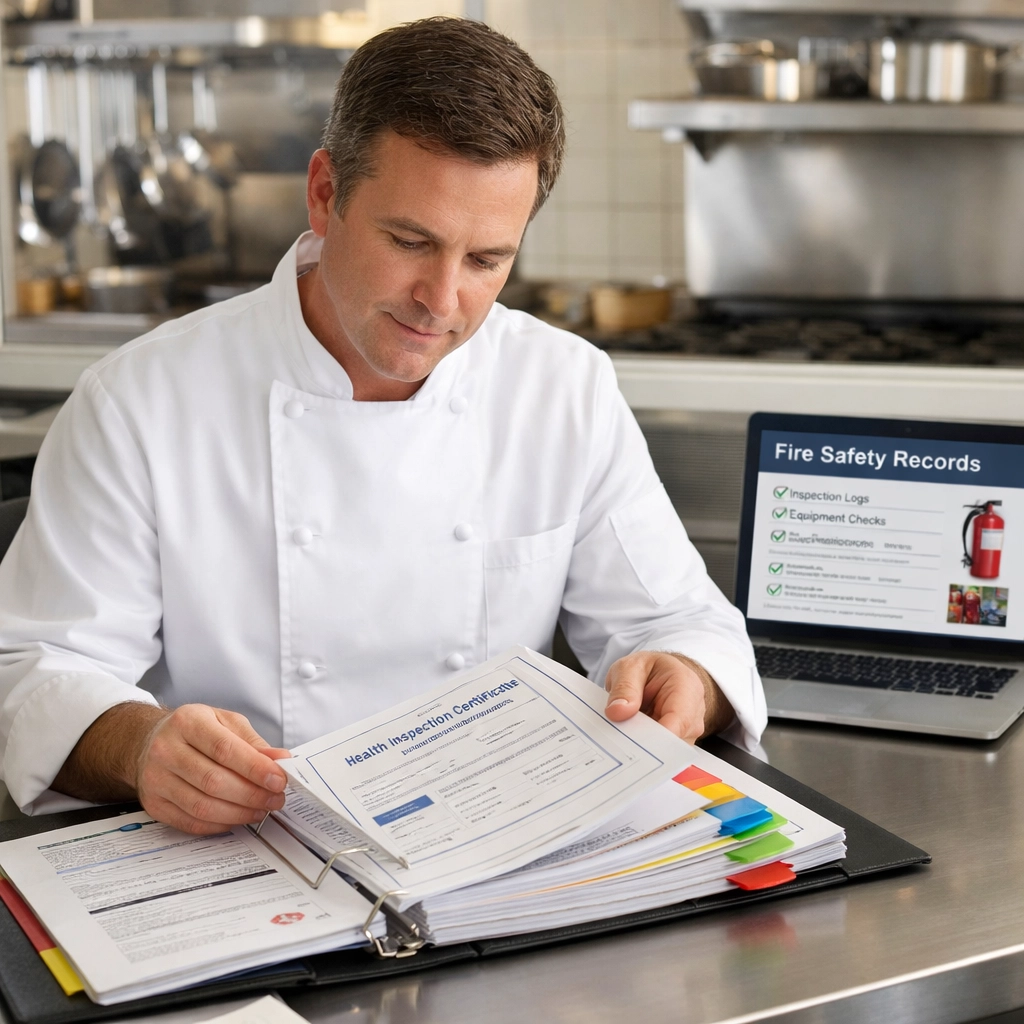 Restaurant manager reviewing fire safety documentation and digital inspection records for insurance compliance
