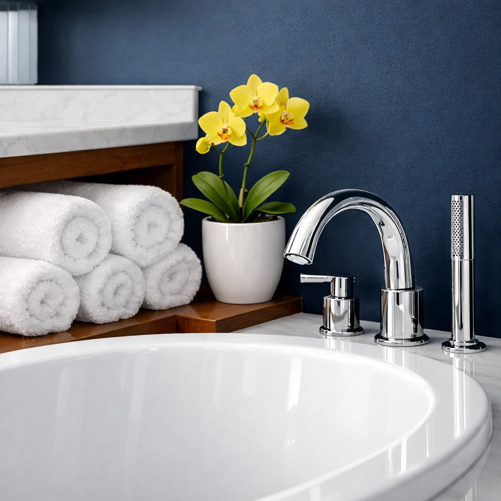 Pristine luxury bathroom in Stow MA featuring deep cleaned fixtures and organized vanity surfaces.