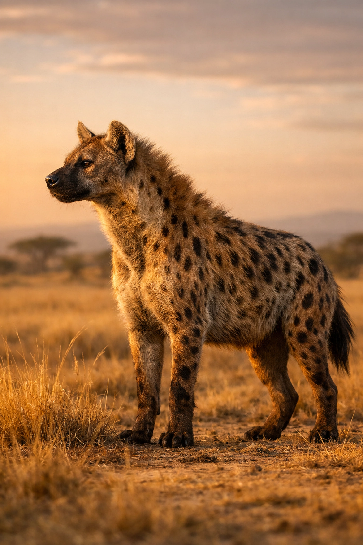 A spotted hyena standing in the savanna, showcasing professional zoo animal photography for sponsored pages.