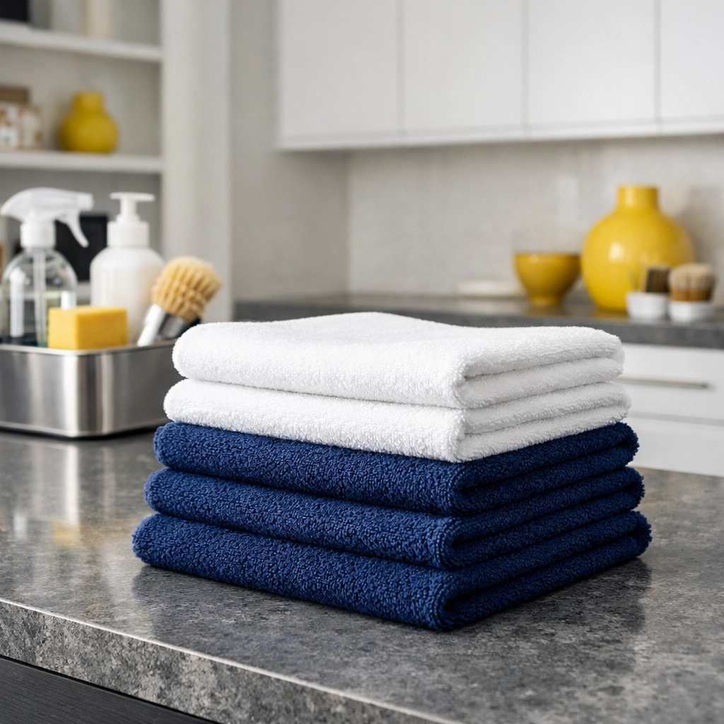 Neat stack of professional microfiber cloths used for detailed deep cleaning Worcester homes.