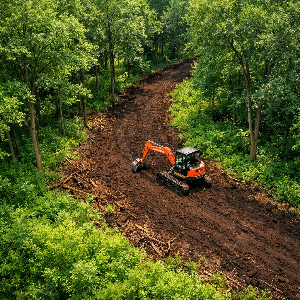Aerial view of precision land clearing preserving trees while preparing soil for development.