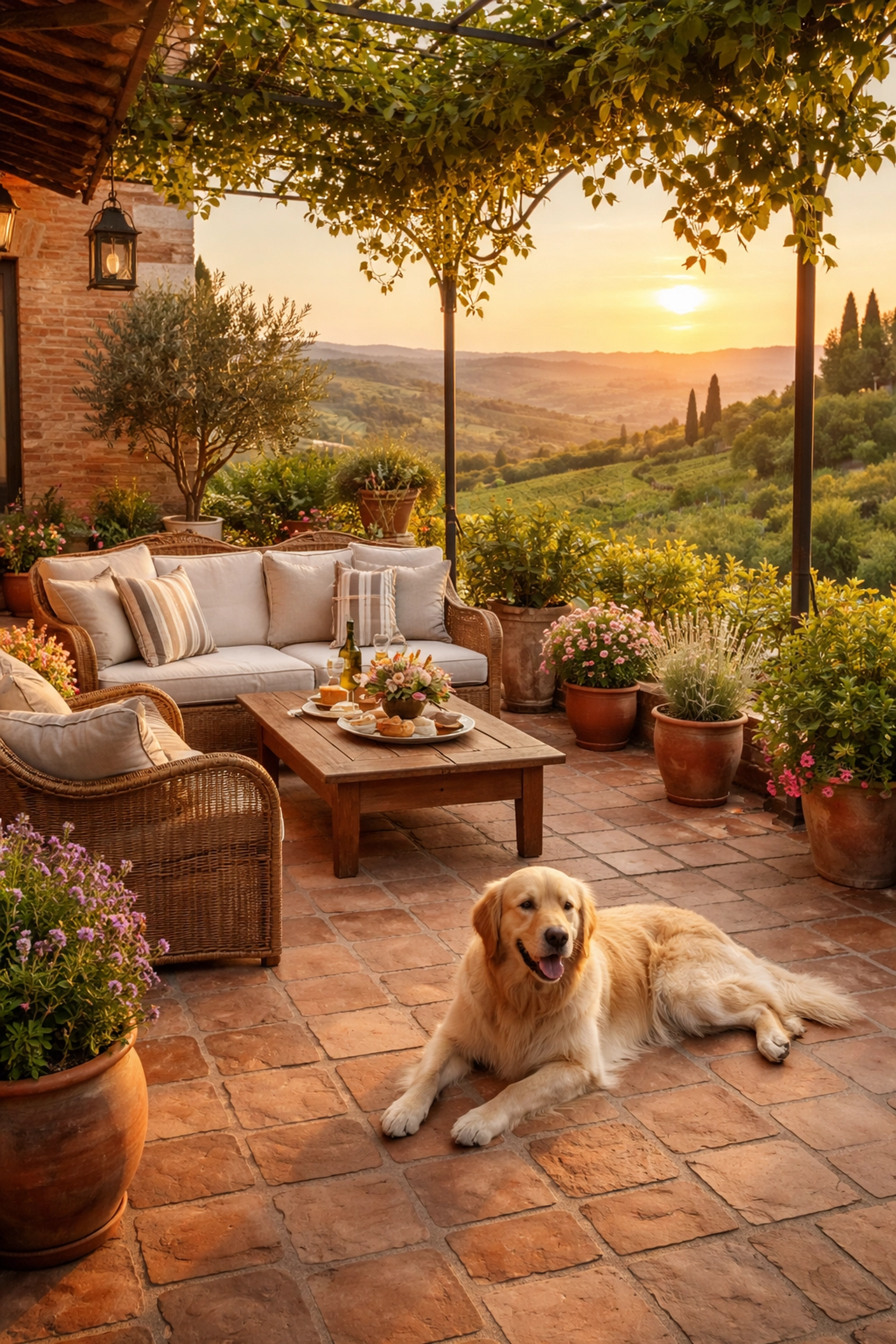 Golden hour on a luxury Tuscan villa terrace with countryside views, perfect for house sitting in Italy
