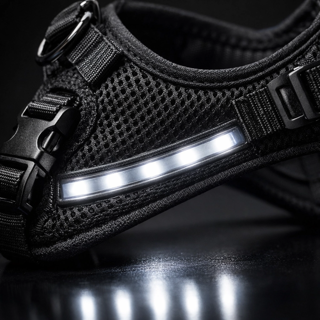 Close-up of a black mesh dog harness with high-intensity white LEDs, designed for premium pet safety and visibility.
