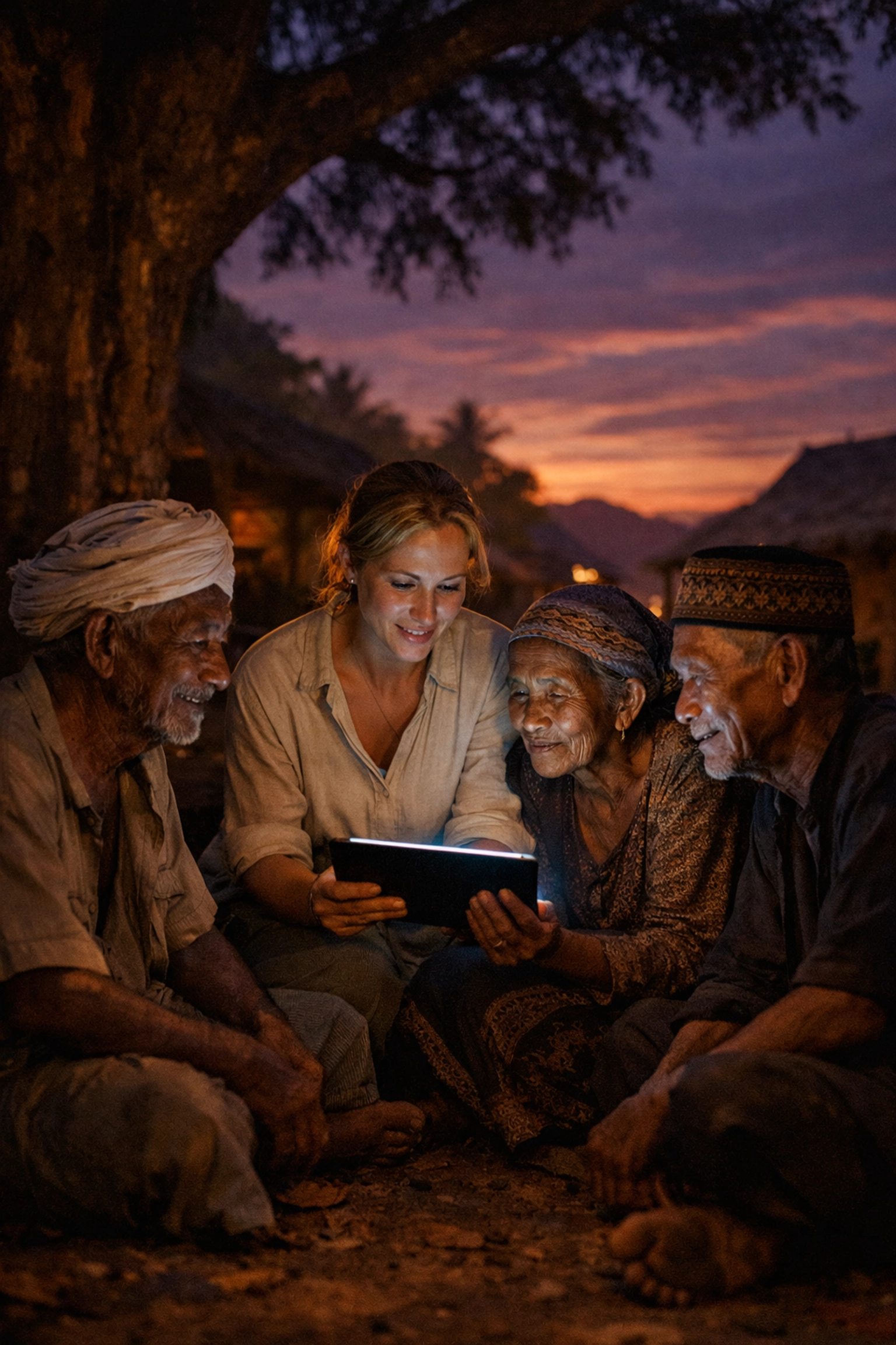 Missionary using AI translation technology to share Bible with village elders at dusk
