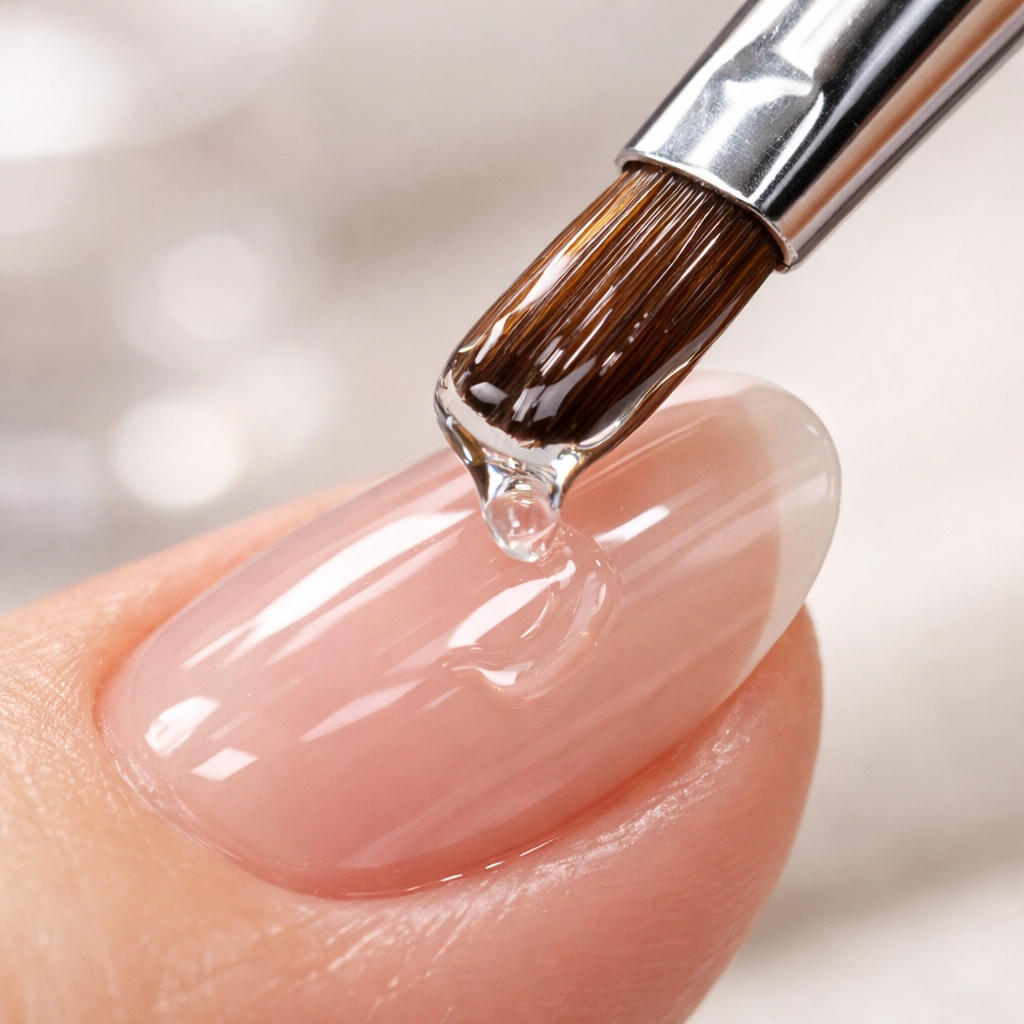 Japanese gel nail application with precision brush showing ultra-thin glossy layer at Norwood salon