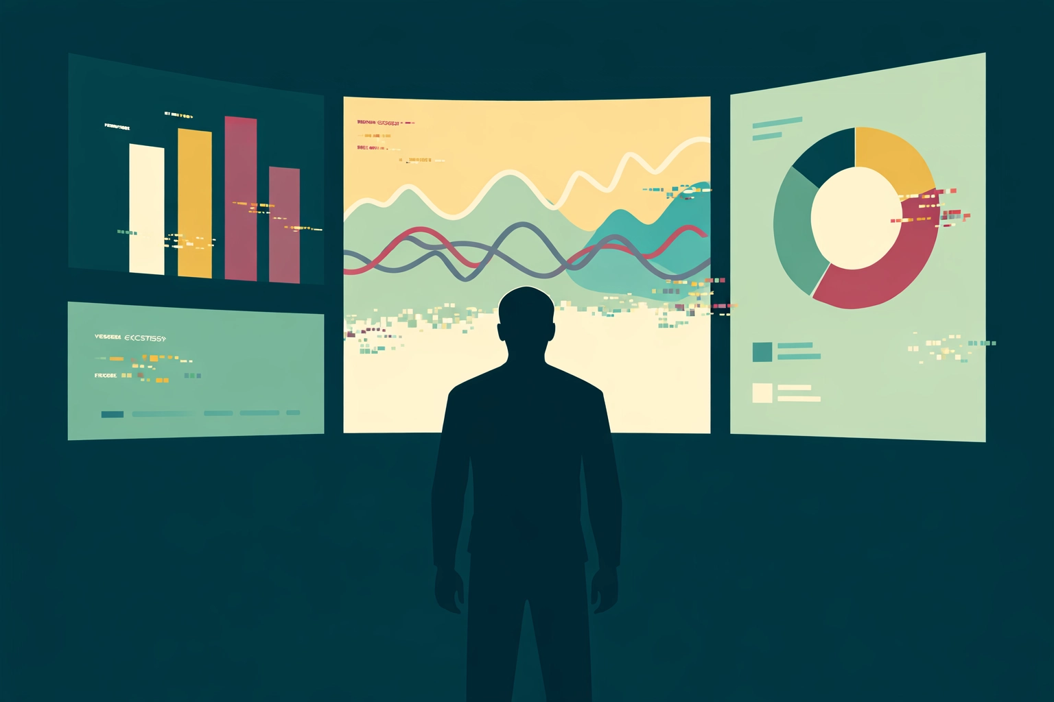 Minimalist flat-design silhouette facing a few oversized dashboard panels in duotone brand colors, with subtle pixel-glitch edges—representing tool noise hiding real business goals.