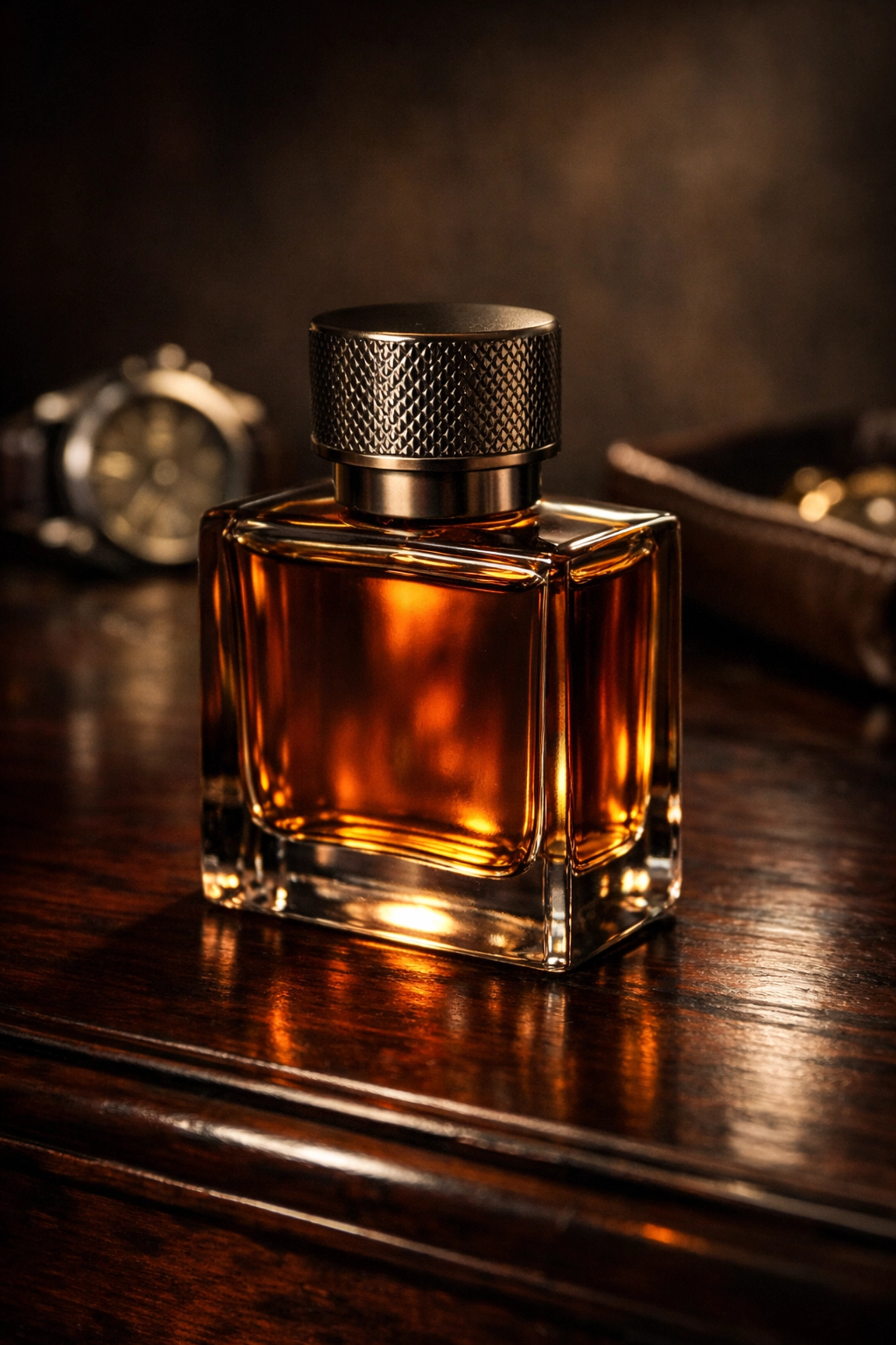 Luxurious amber bottle of high-concentration parfum extrait for long-lasting beard fragrance.