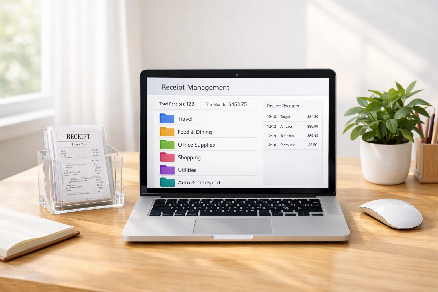 Home office laptop displaying receipt management software with organized tax expense categories