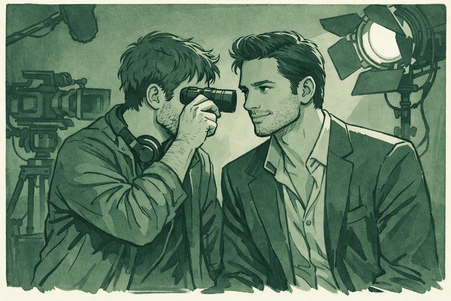 Film director and actor share intimate moment on movie set - MM romance illustration