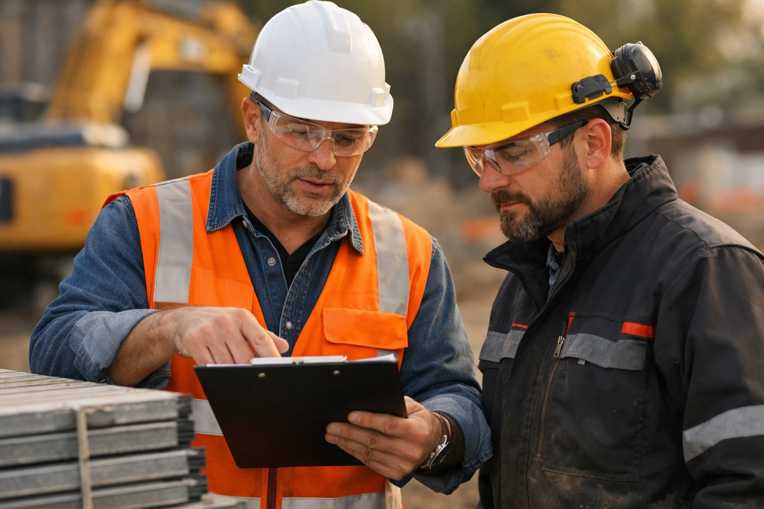 Contractor and subcontractor discussing insurance paperwork and safety compliance on a Connecticut job site.