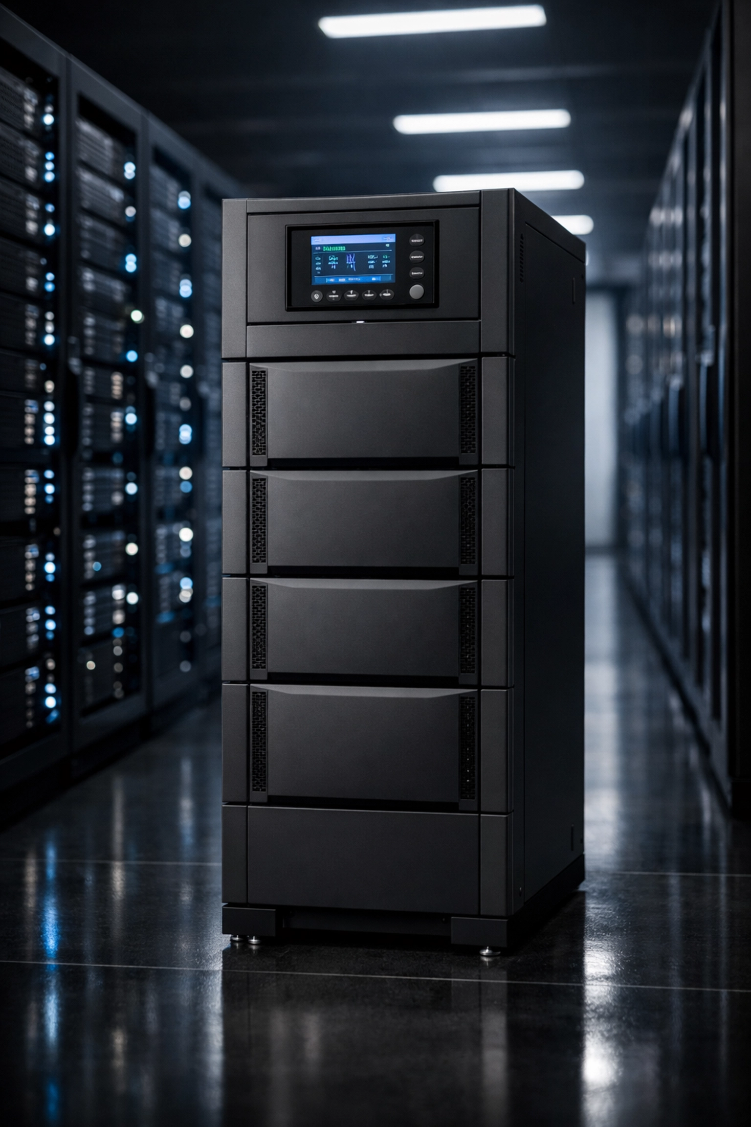 Industrial modular UPS providing power protection for high-density server racks in a modern data center.