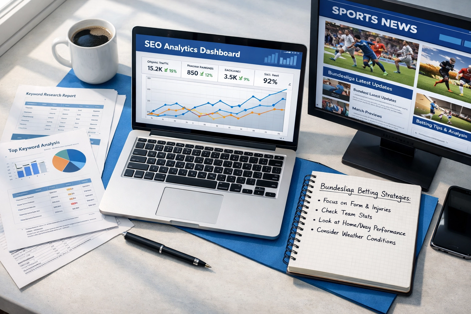 SEO analytics dashboard showing sports betting keyword research and content strategy