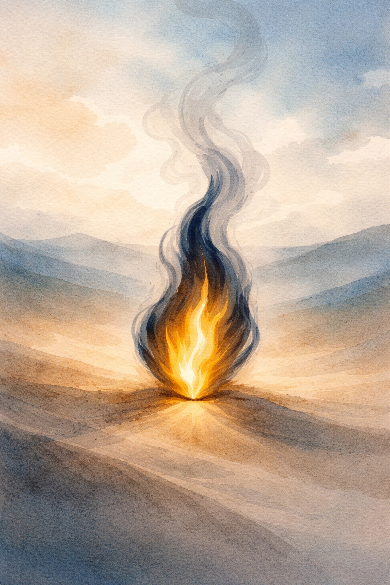 A single flame flickers in a desert, symbolizing God's response to complaining in Numbers 11.
