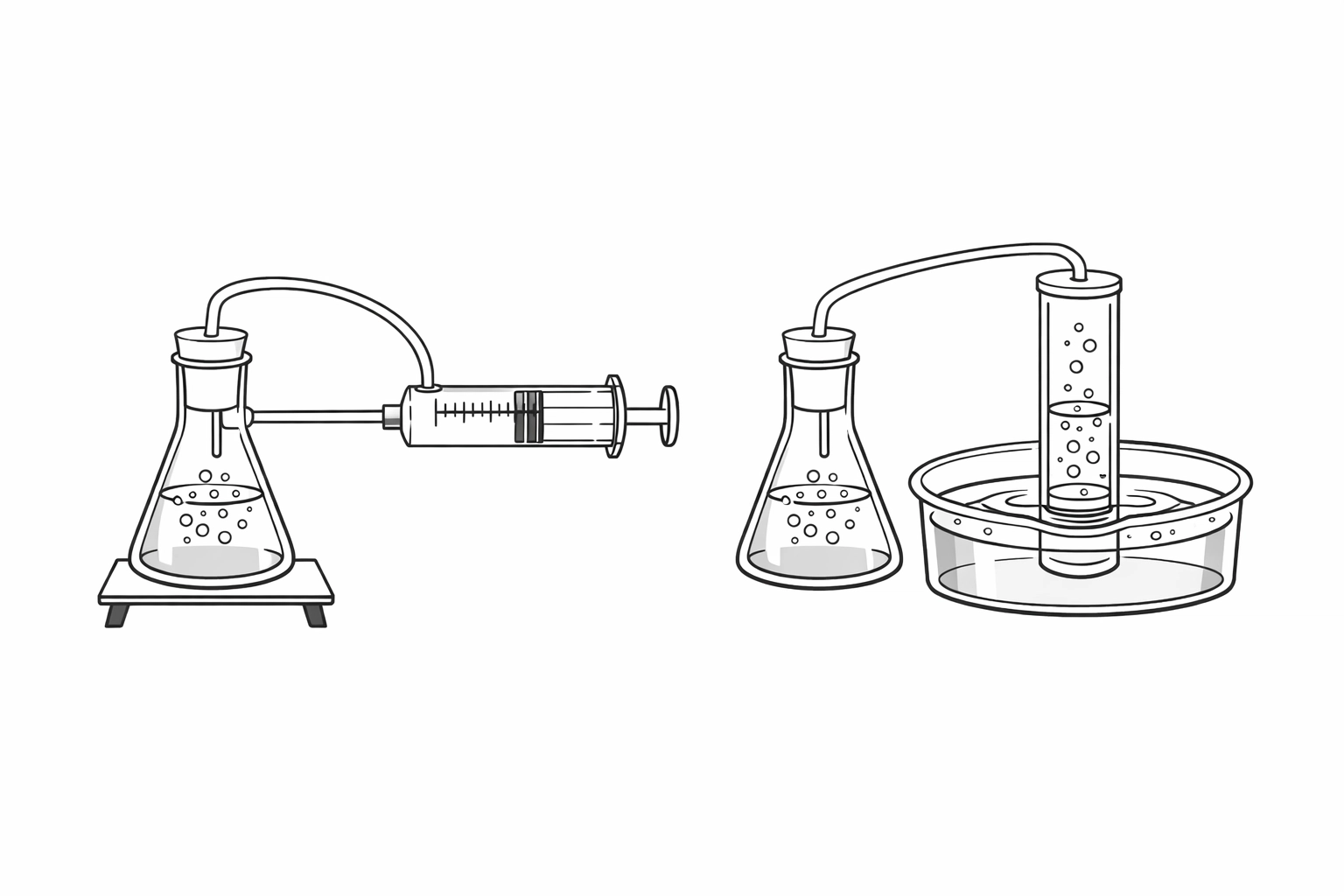 Chemistry diagram comparing gas syringe and water displacement setups for collecting carbon dioxide.