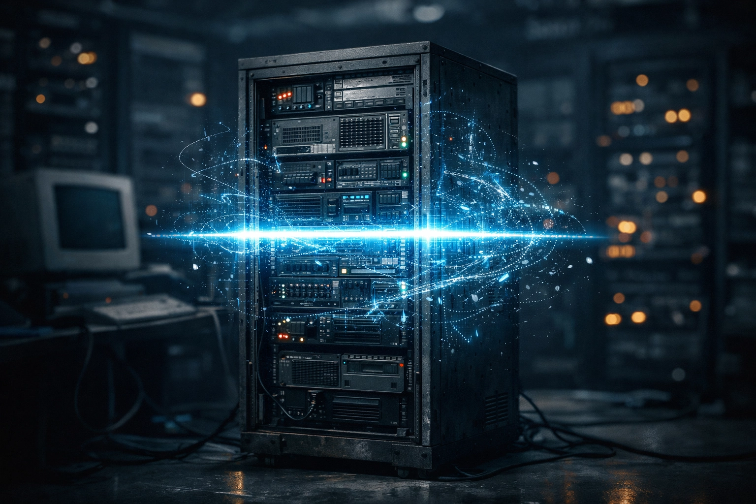 AI scanning a vintage server rack to find hidden vulnerabilities in legacy tech software systems.