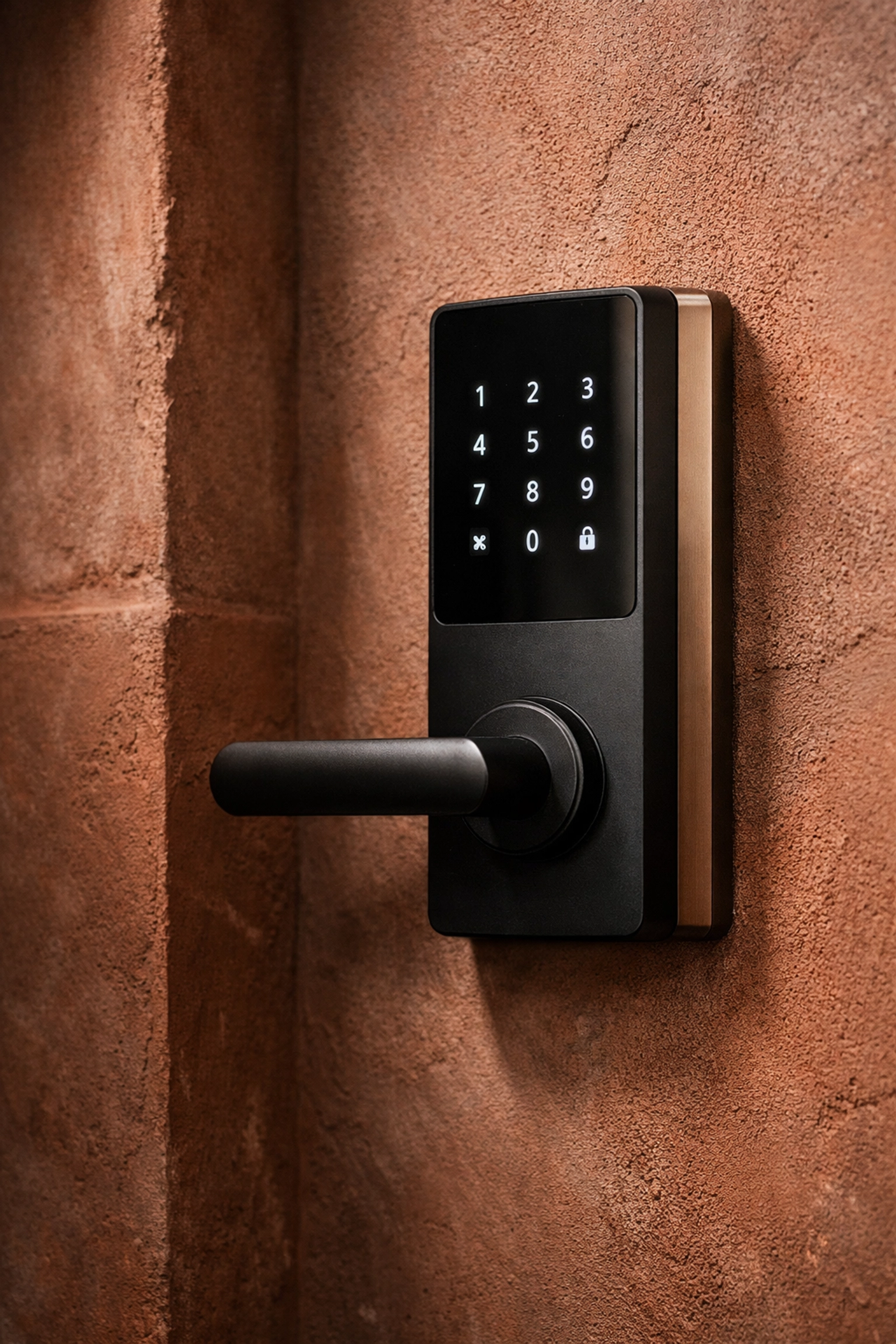 Close-up of a minimalist hotel smart lock and touch panel showing integrated hospitality technology.