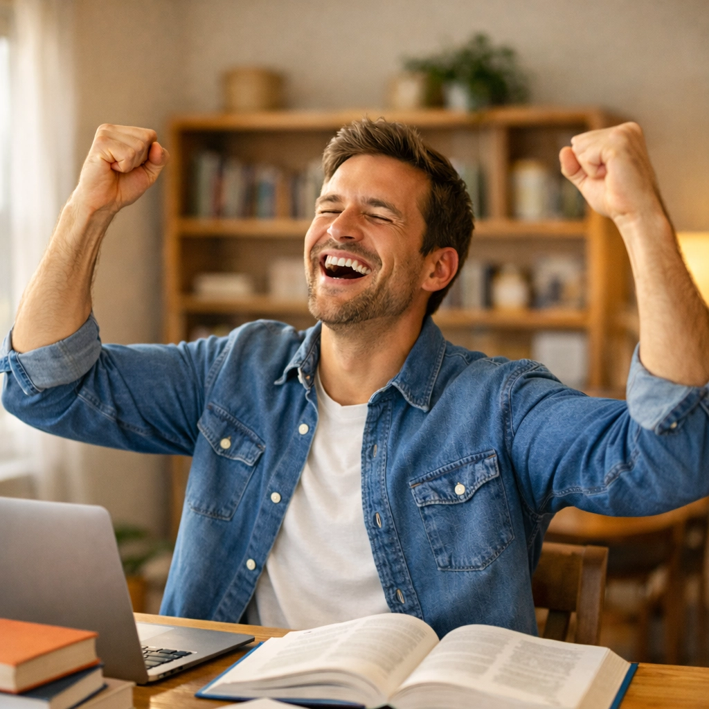 Adult student celebrating after passing CLEP exam at study desk (1x1, center safe zone)