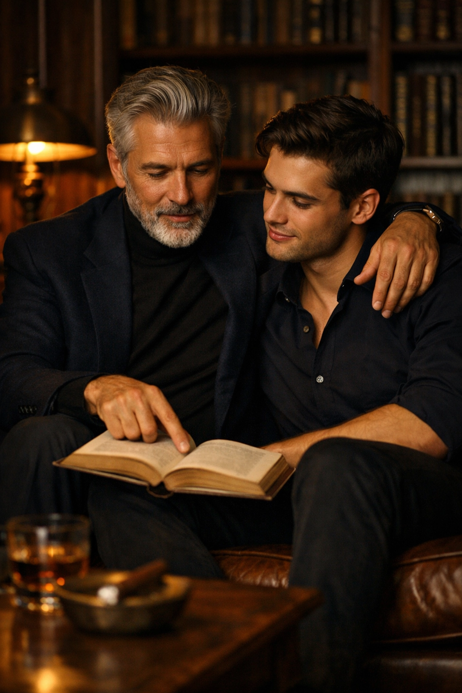 An older silver fox and younger man share a moment in a library, reflecting themes in popular gay romance novels.