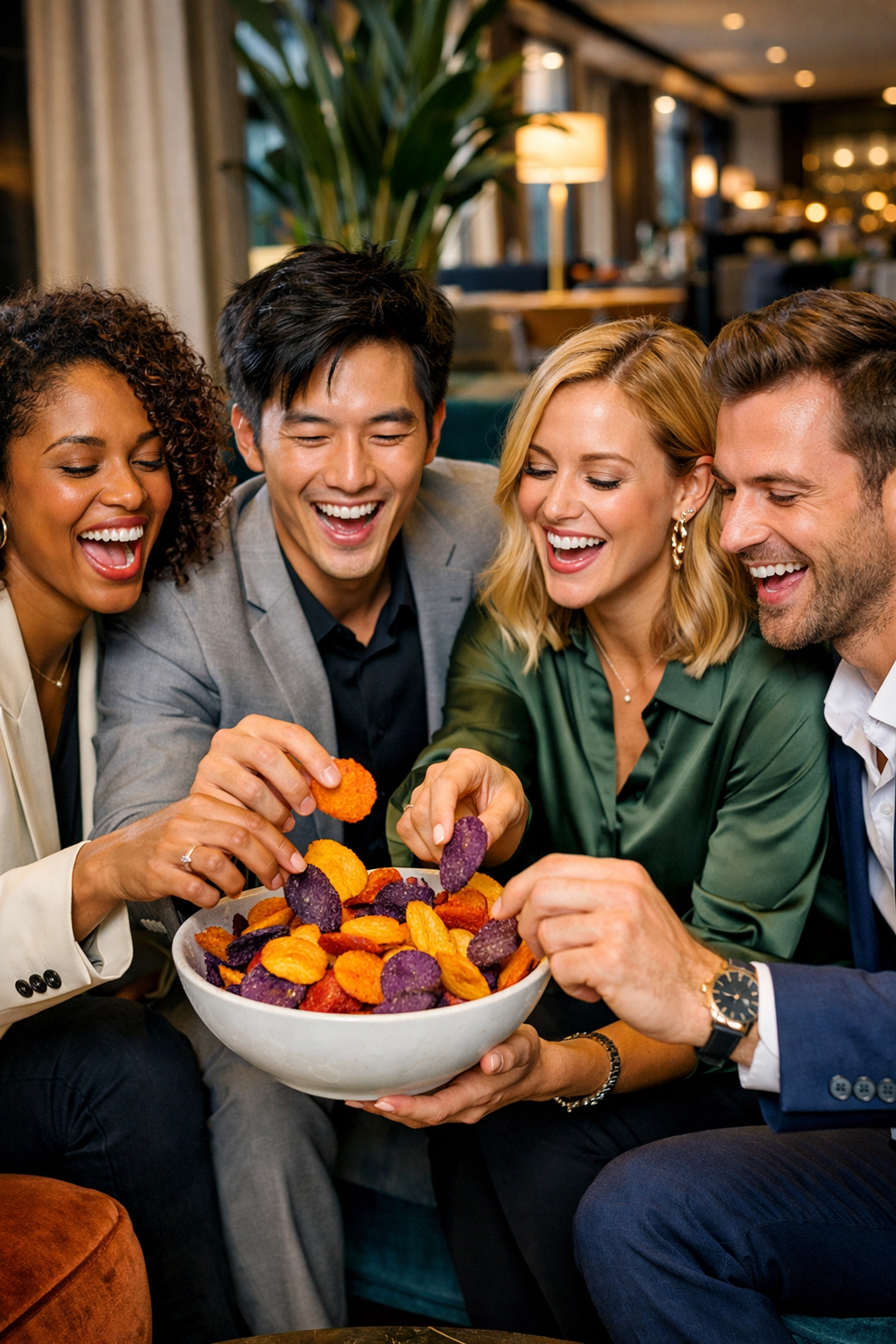 Guests sharing a colorful bowl of purple and gold root vegetable chips in a modern hotel lounge setting.