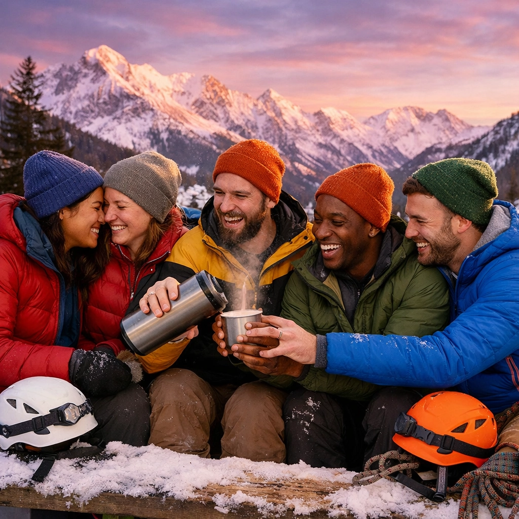 Diverse LGBTQ+ friends sharing hot cocoa and laughing after a day of ice climbing in the mountains.