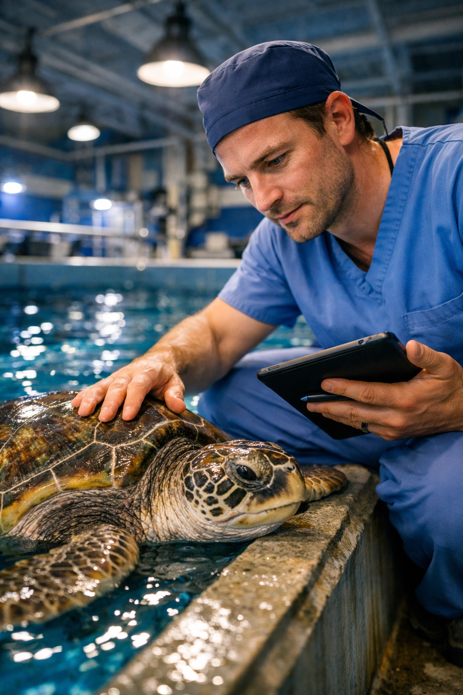 Marine biologist examining rescued sea turtle during aquarium rehabilitation care