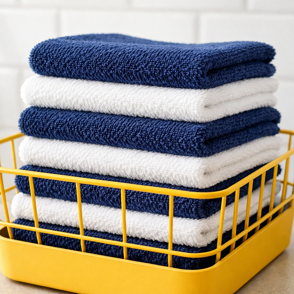Stack of reusable blue and white microfiber cleaning cloths in a wire basket for sustainable home care