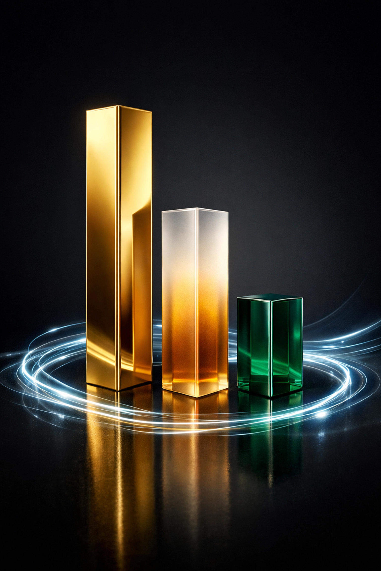 Three glass and gold pillars representing the hierarchy of a tiered loyalty program and customer status.