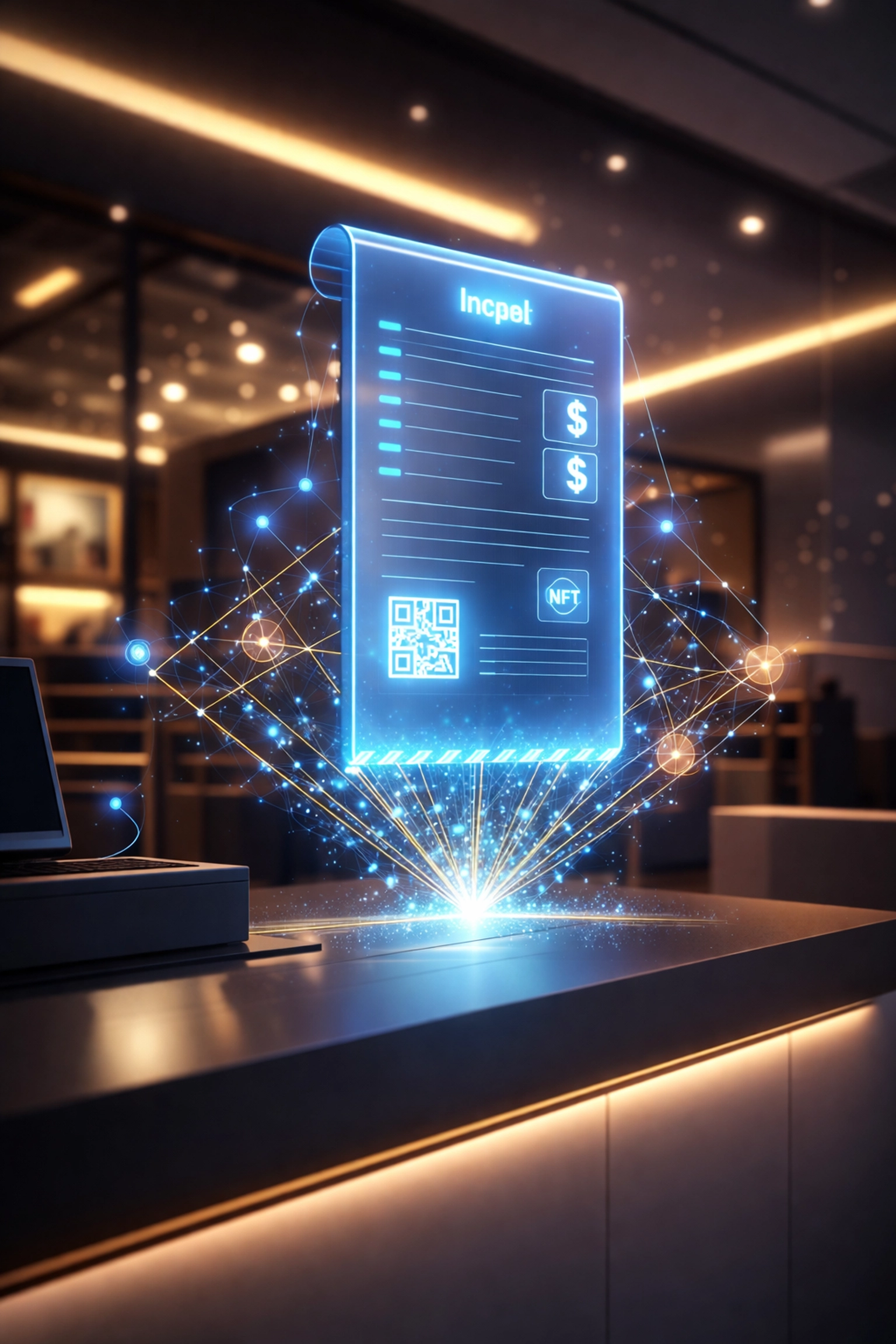 Futuristic digital receipt representing NFT receipts and blockchain payments for small business merchants.
