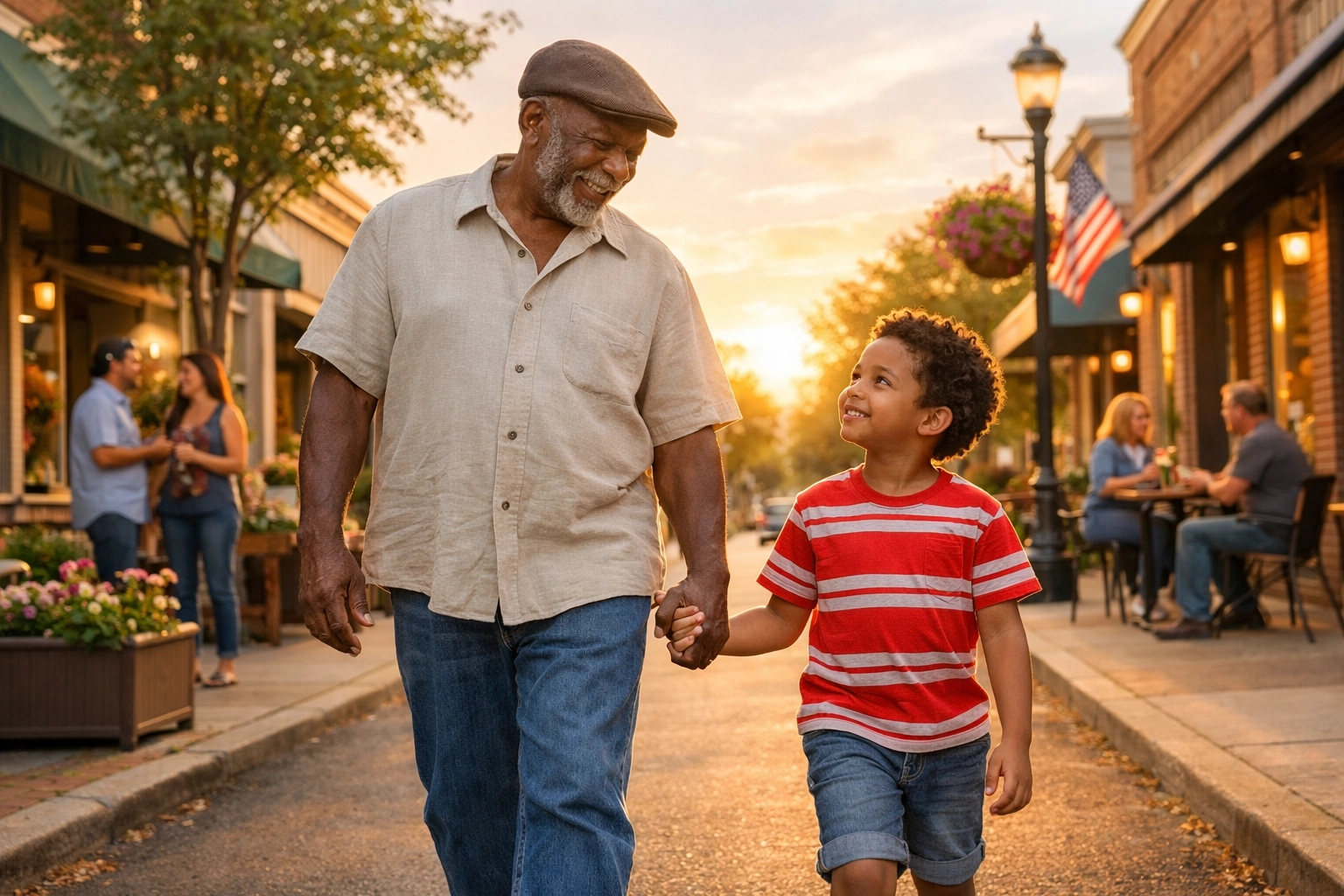Grandfather and grandson walking past thriving Black-owned businesses in a revitalized neighborhood.