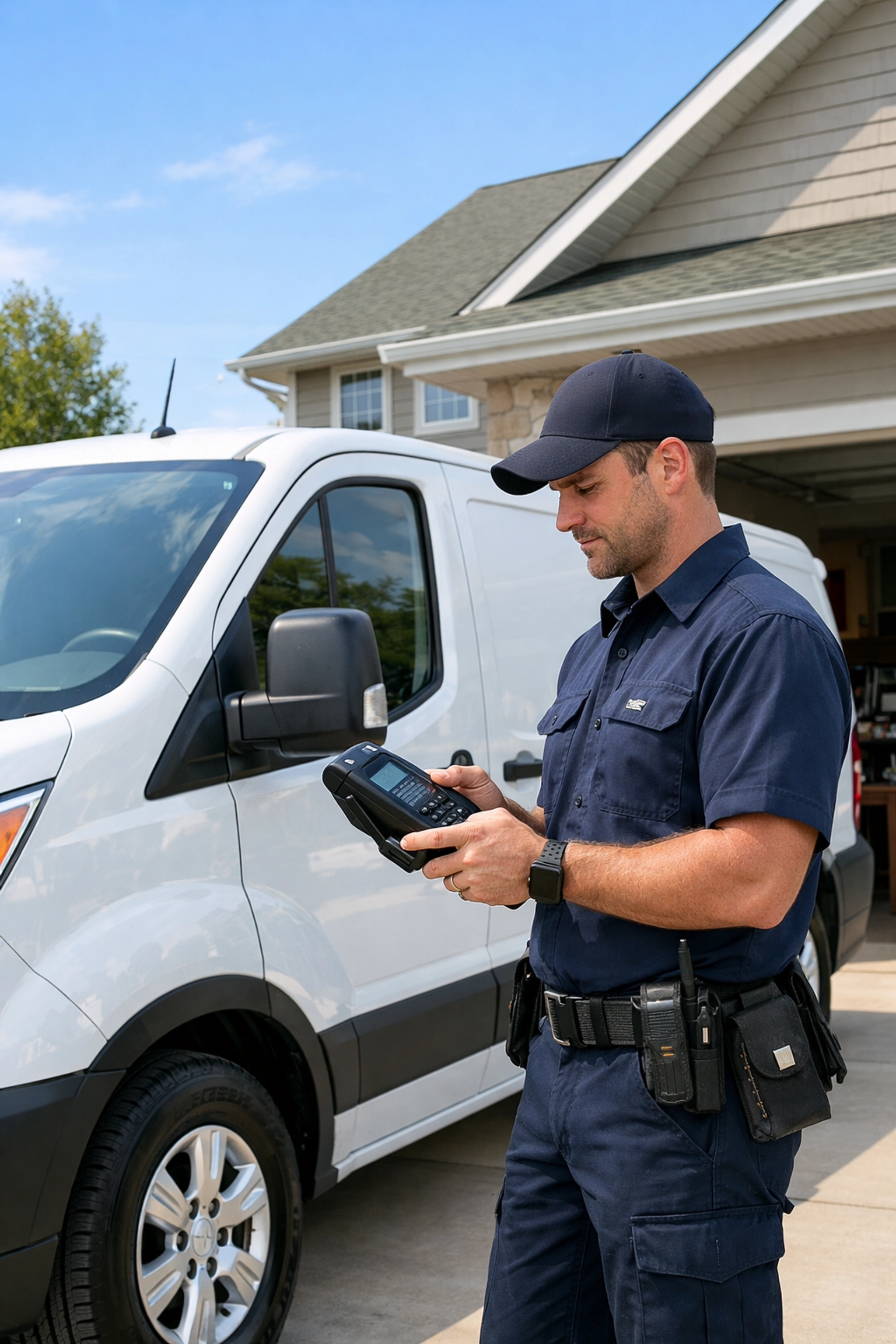 Mobile mechanic in Green Bay inspecting a fleet van at home for convenient auto repair