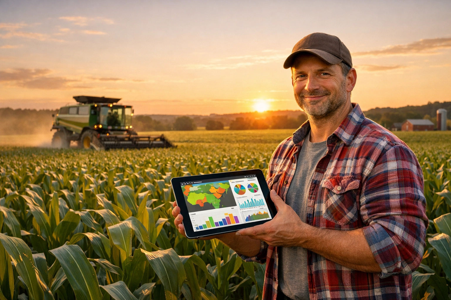 Modern farmer monitoring a cornfield with a tablet, representing success and tech-driven growth.