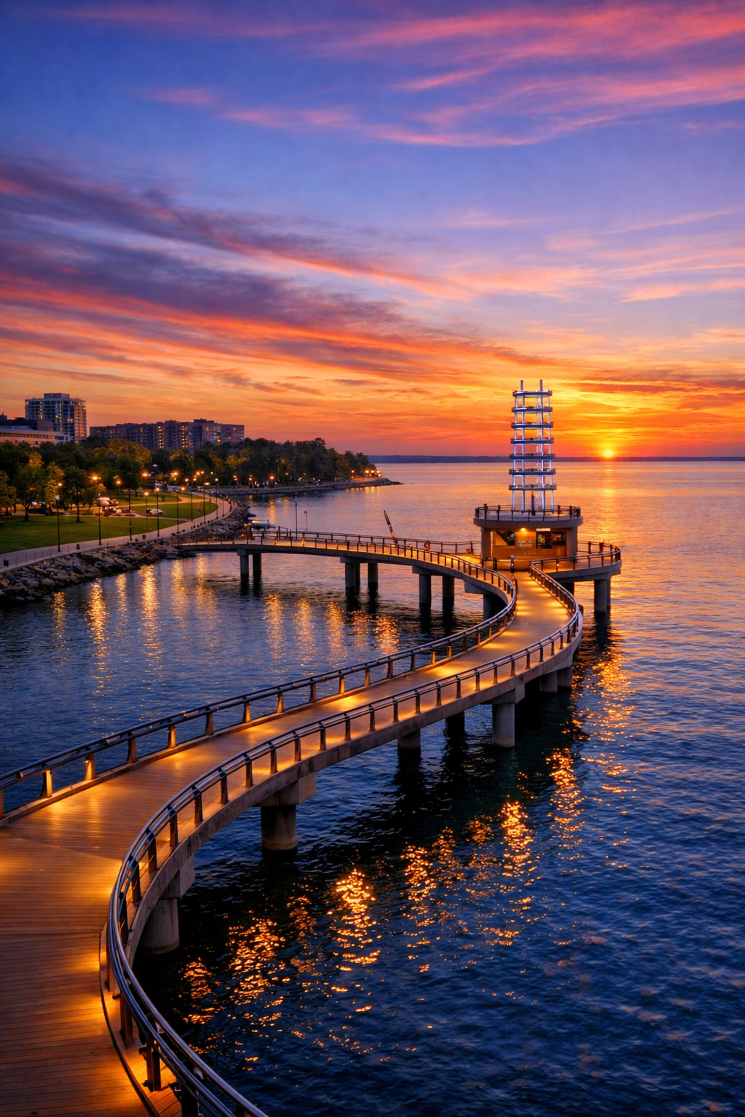 Brant Street Pier at sunset along the Burlington waterfront and Spencer Smith Park.