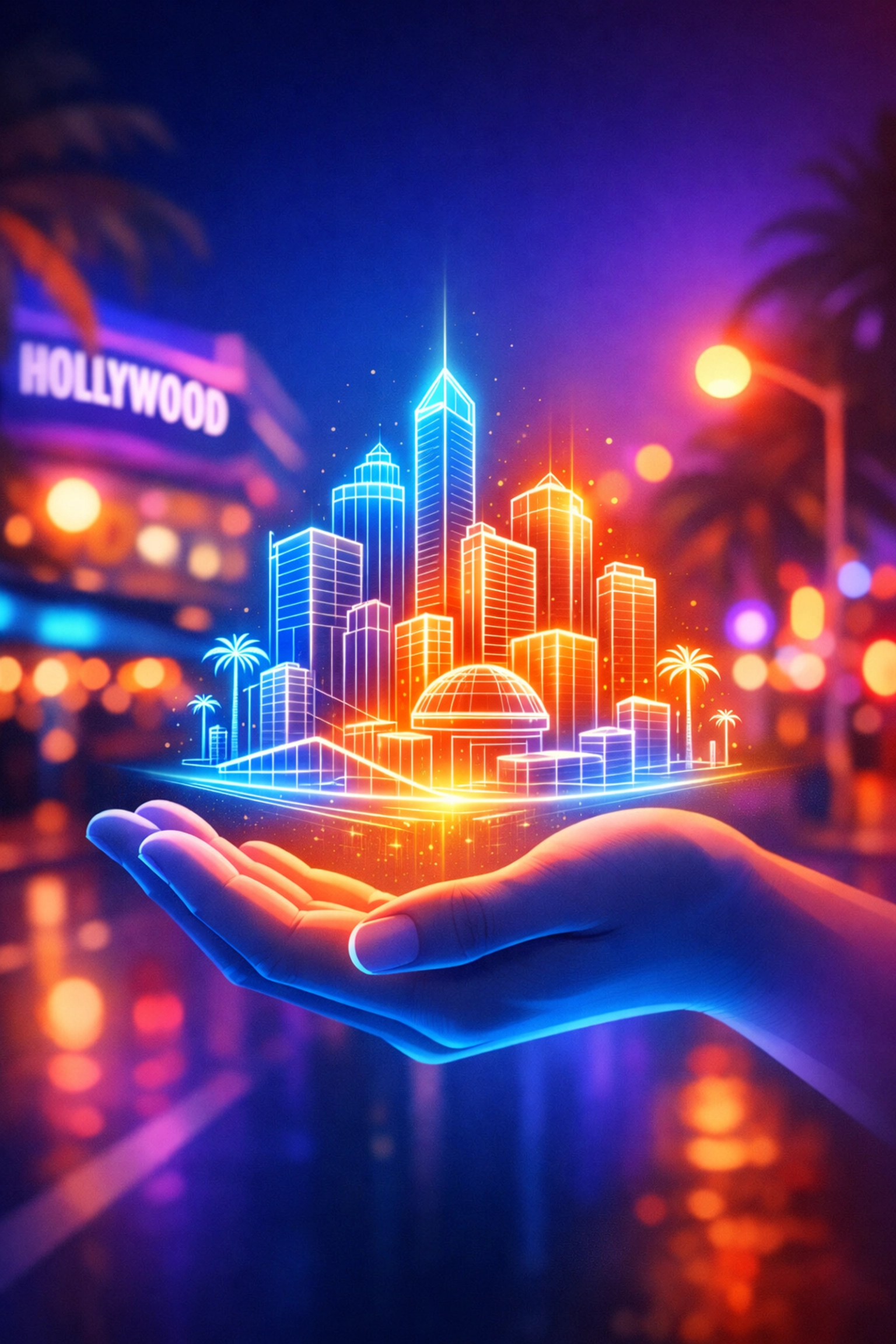 Glowing digital blueprint in a hand over Hollywood FL symbolizing legacy business architecture.