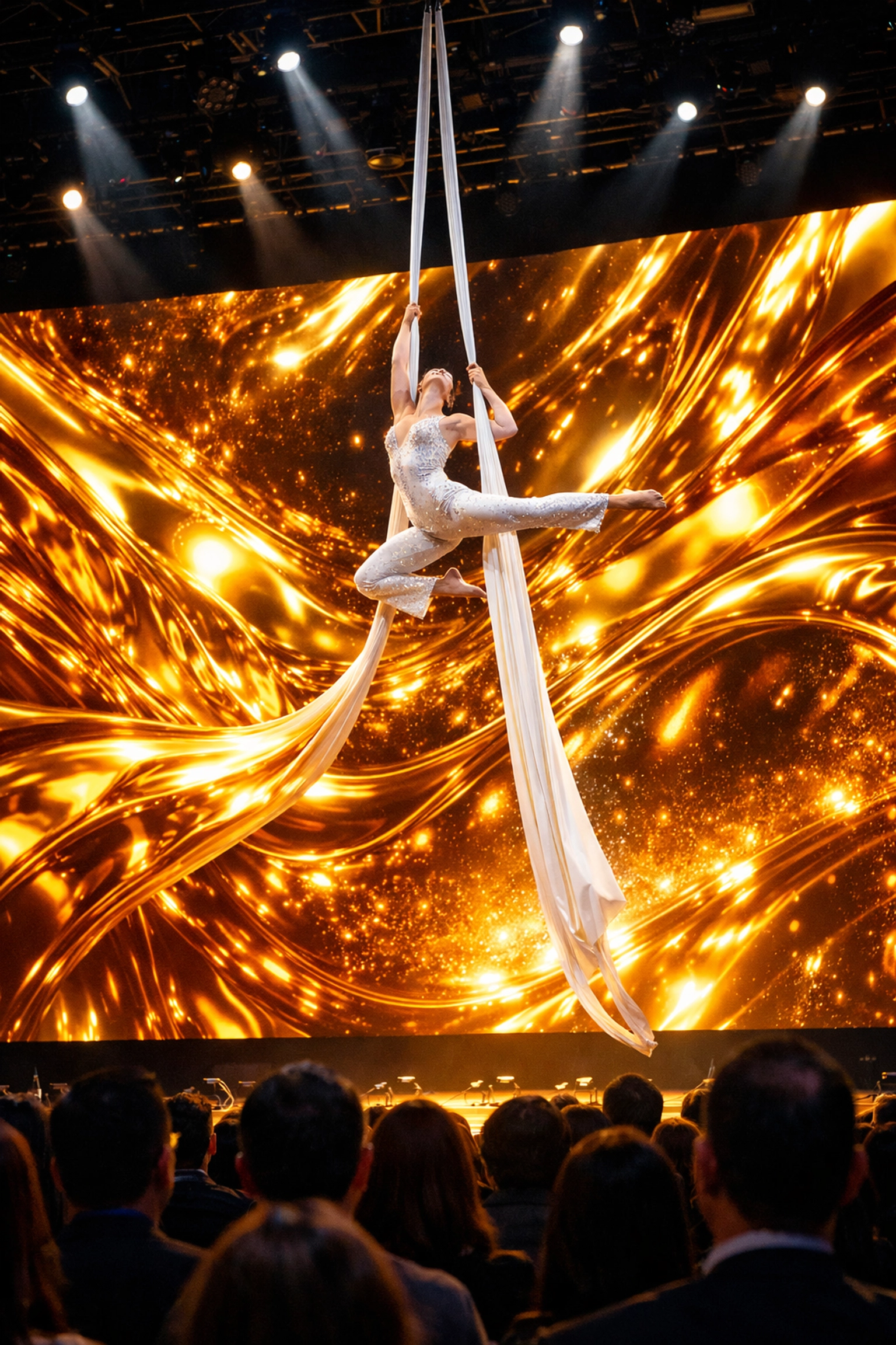 Aerial silk performer in front of a large LED video wall with golden patterns for high-tech event production.