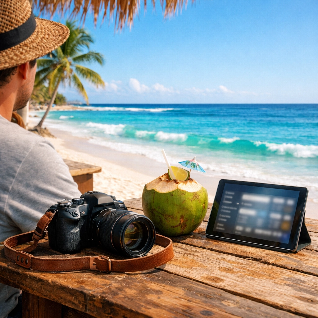 Travel photographer working from a beachside cafe in the Dominican Republic with a professional camera.