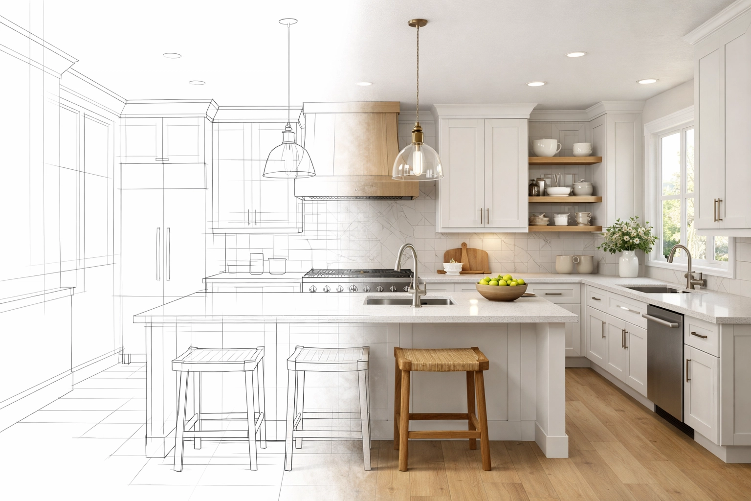 Custom kitchen design transforming from architectural sketch to finished installation with millwork