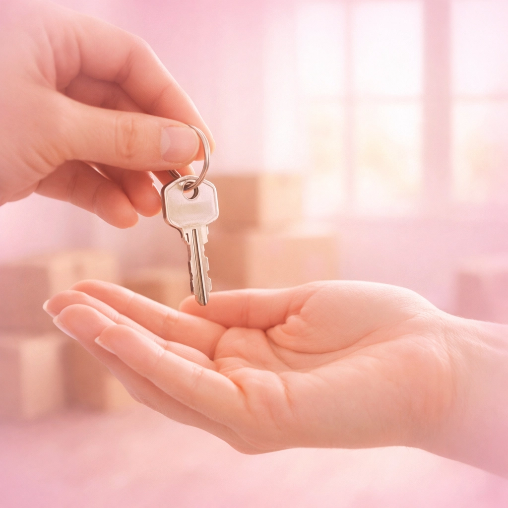Person receiving apartment keys with moving boxes, symbolizing transition to permanent housing